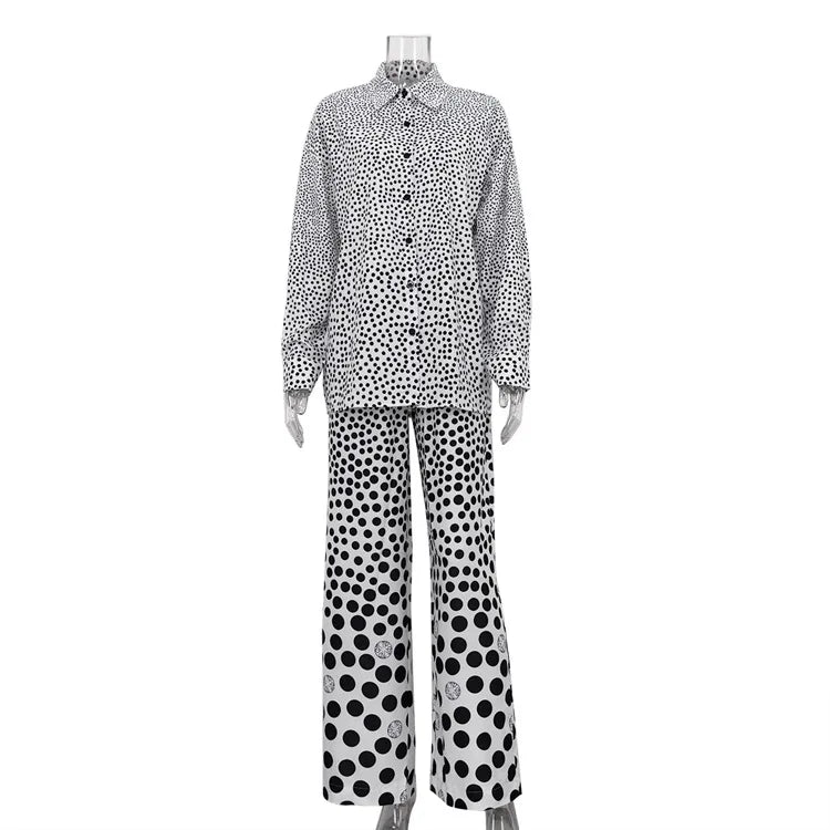 Two-Piece Pajama Set – Long Sleeve Top and Wide-Leg Pants – Polyester | KIMLUD