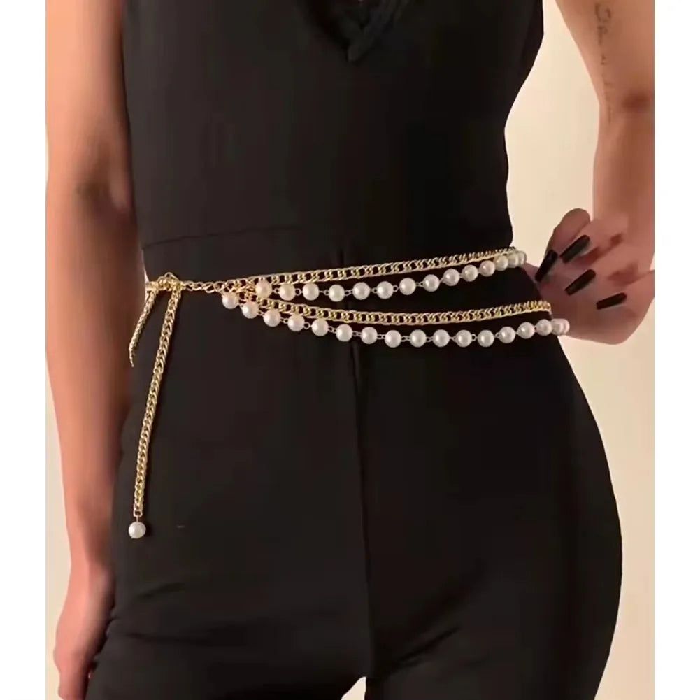 Gold-Tone Pearl Waist Chain With Luxe Multi-Layer Body Chain For Neon Night Vibe — Gold | KIMLUD