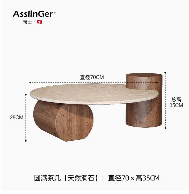 Nordic Minimalist Travertine Side Table Round Top With Solid Wood Pedestal — Beige | KIMLUD