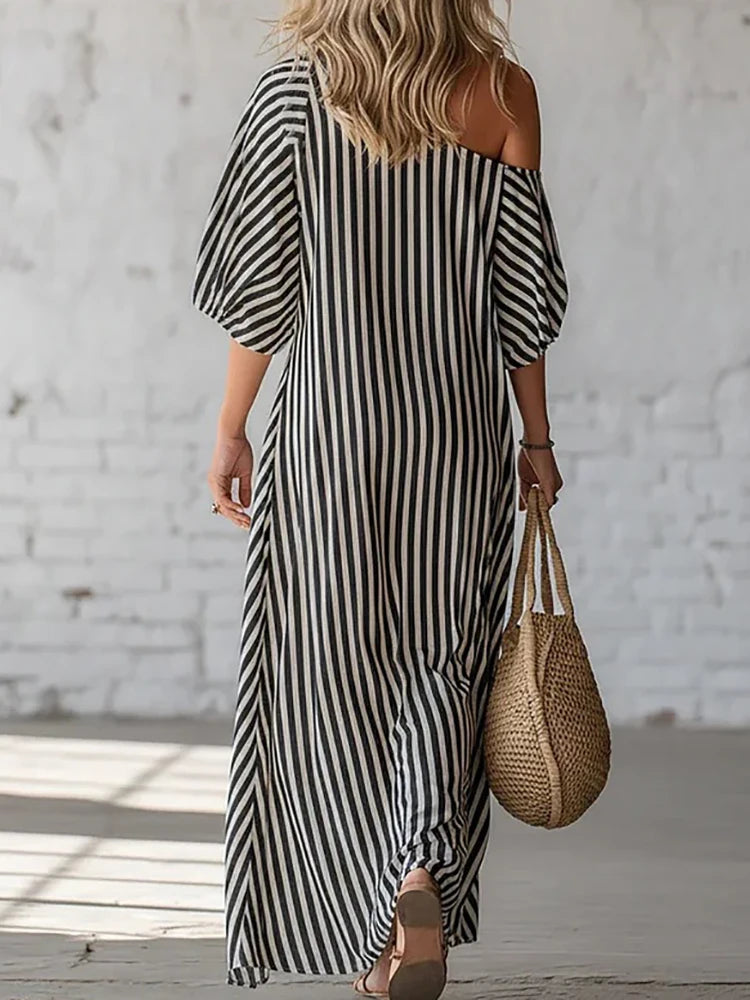 Polyester Patchwork Striped Maxi Dress — Black | KIMLUD