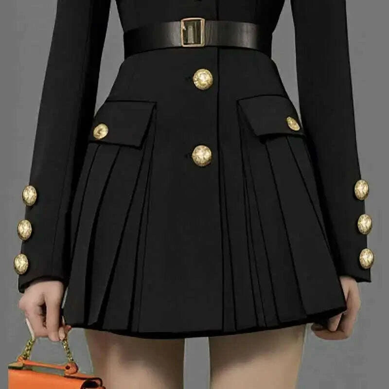 KIMLUD, Luxury Quality 2025 Spring Autumn Single Breasted Golden Button Long Full Sleeve Blazer Suit Coat Pleated Short Dresses Women, KIMLUD Womens Clothes