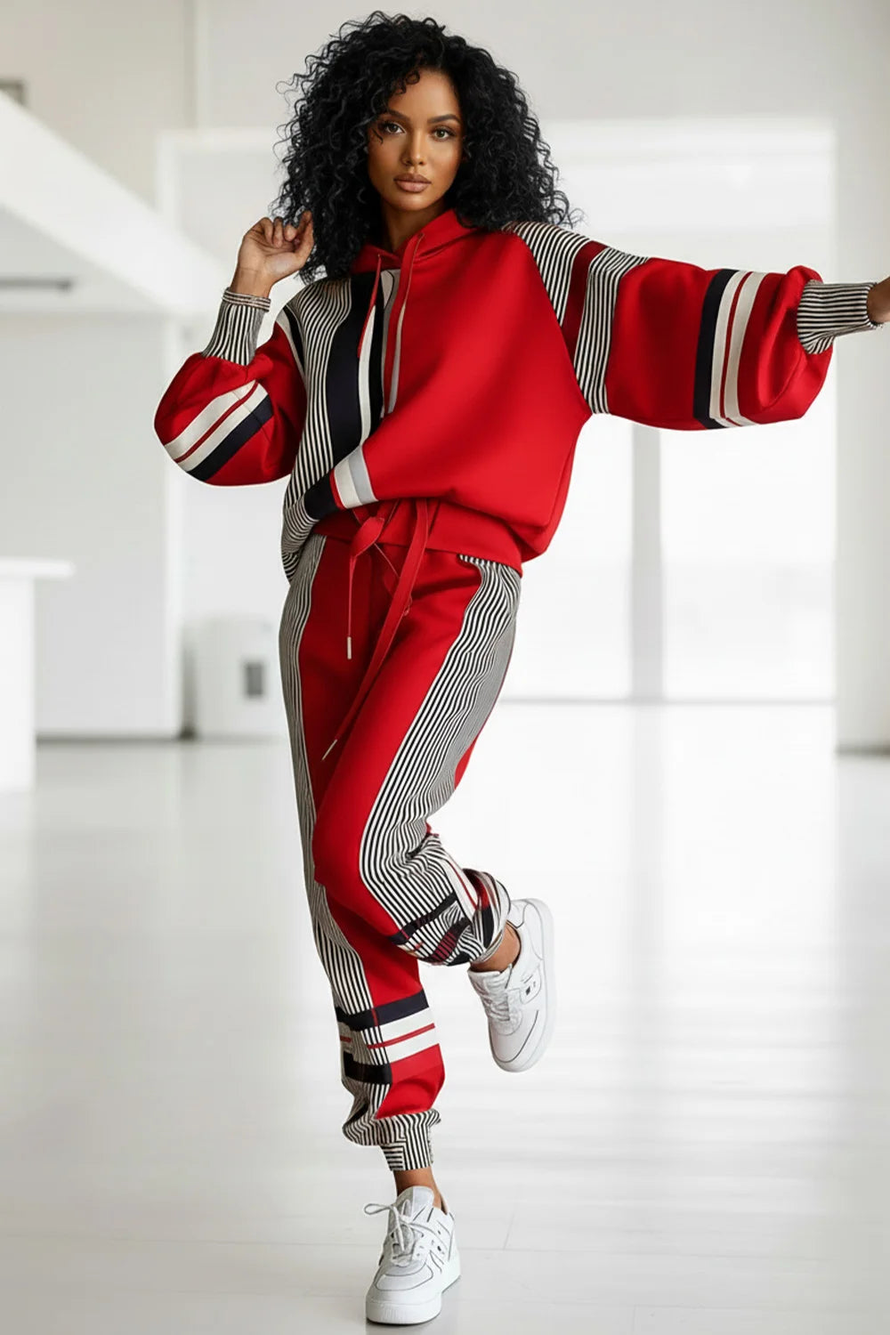 Hooded Plus-Size Striped Ruched Sweatshirt — Red | KIMLUD