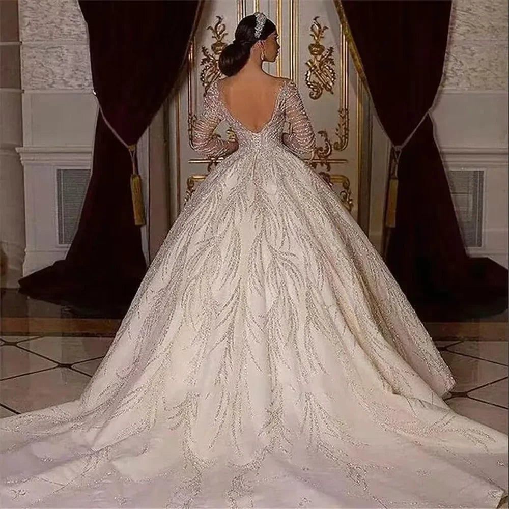 Customized Luxury Princess Wedding Dresses Crystals Beaded Bridal Dress Illusion Tulle Long Sleeves Sparkly Vestido de noiva