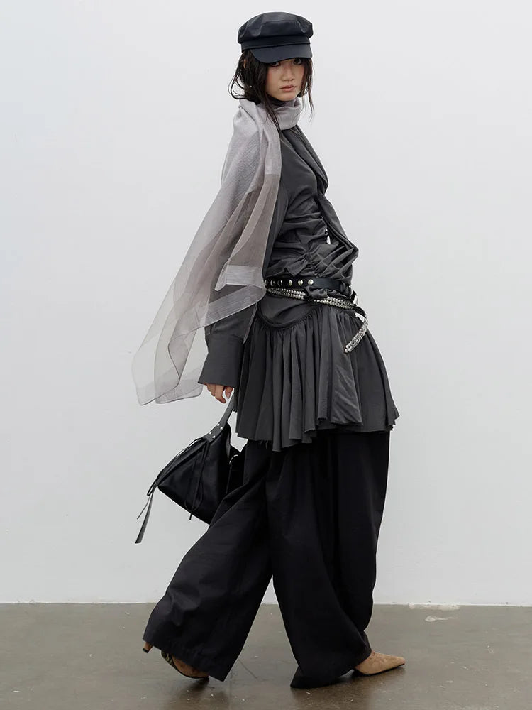 Shirt Dress – Pleated Irregular Burr Hem – Cotton Jersey – Gray | KIMLUD