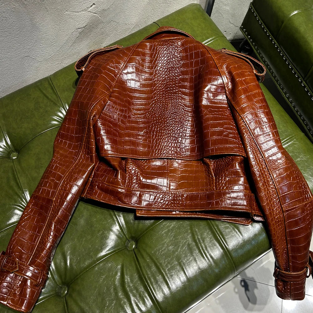 Crocodile Texture Woman Leather Jacket Short Autumn Jacket Leather Fashion Shoulder Pad Jacket