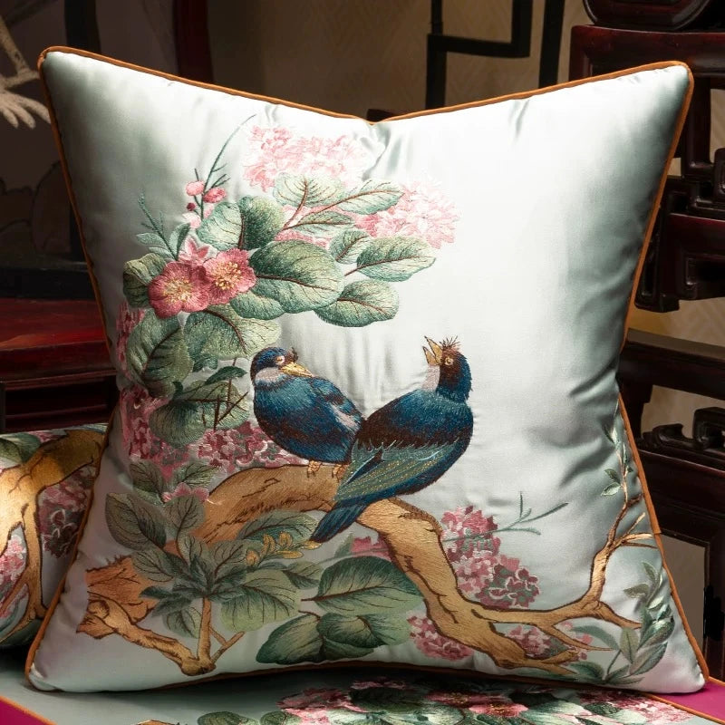 Luxurious Embroidered Silk-like 2 Magpies Square Home Sofa Decorative Pillow Case 3 Colors No Insert 18x18" 1 Piece Pack