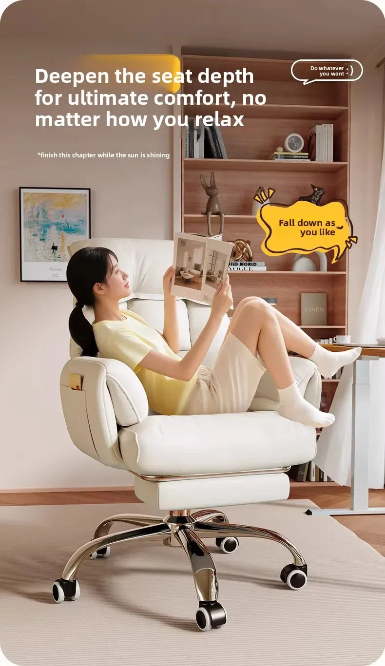 Ergonomic Desk Chair With Recliner And Lounge — Cream Ivory | KIMLUD