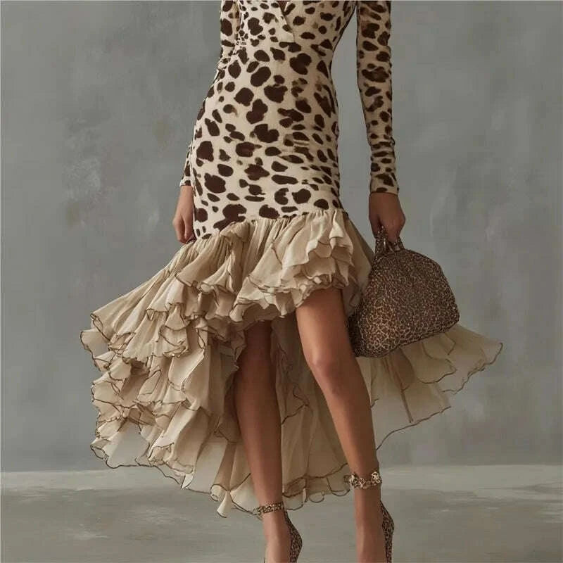 KIMLUD, Autumn Long Sleeve Mini Slim Fit Dress Leopard Print Patchwork Long Sleeve Women's Fashion Polyester Fiber V-Neck Dress, KIMLUD Womens Clothes