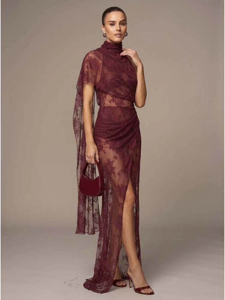 Dress – Backless High Neck Lace Dress – Polyester – Burgundy | KIMLUD
