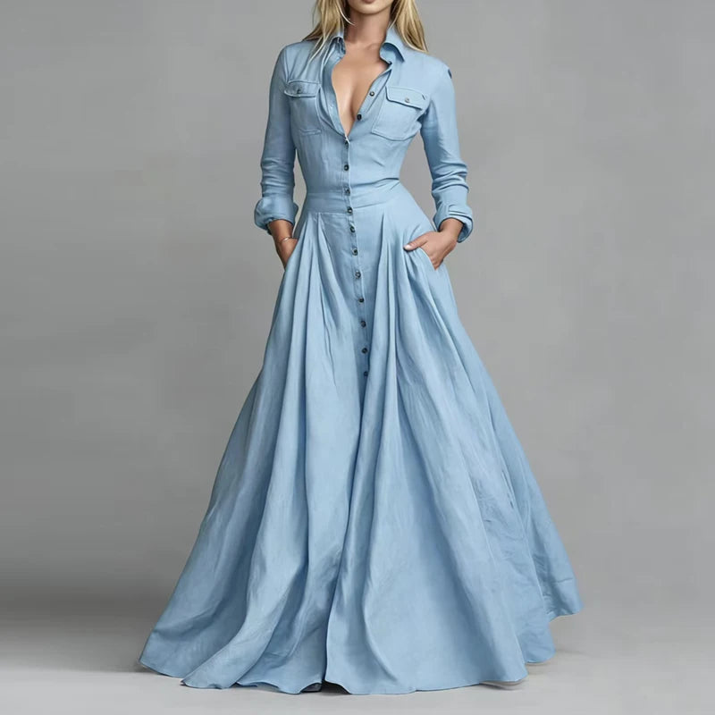 Casual Turn-down Collar Button Maxi Dress Woman Elegant Solid High Waist Swing Long Dresses Autumn Long Sleeve Pocket Boho Dress