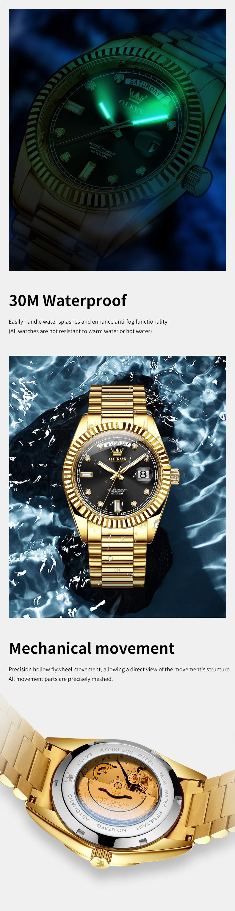 Gold-Tone Stainless Steel Automatic Watch Date — Gold | KIMLUD