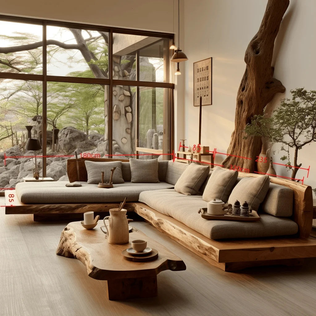 Solid Wood Wabi-Sabi L-Shaped Sofa With Log-Inspired Silhouette — Cream | KIMLUD