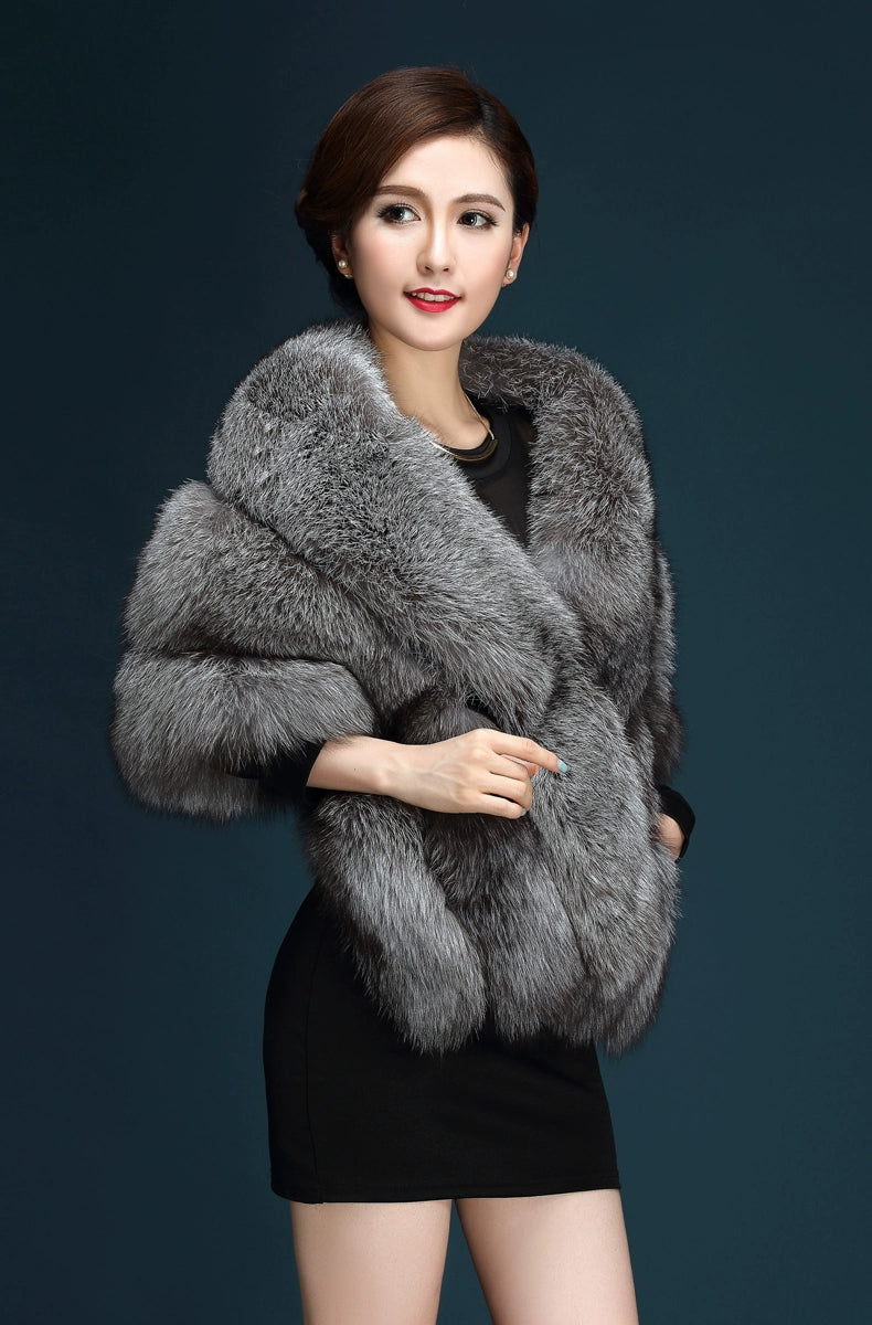 No. 19-Fall and Winter Bride Imitation Fox Fur Shawl Wedding Cloak Dress and Cheongsam Fur Cape Coat White Thick Women