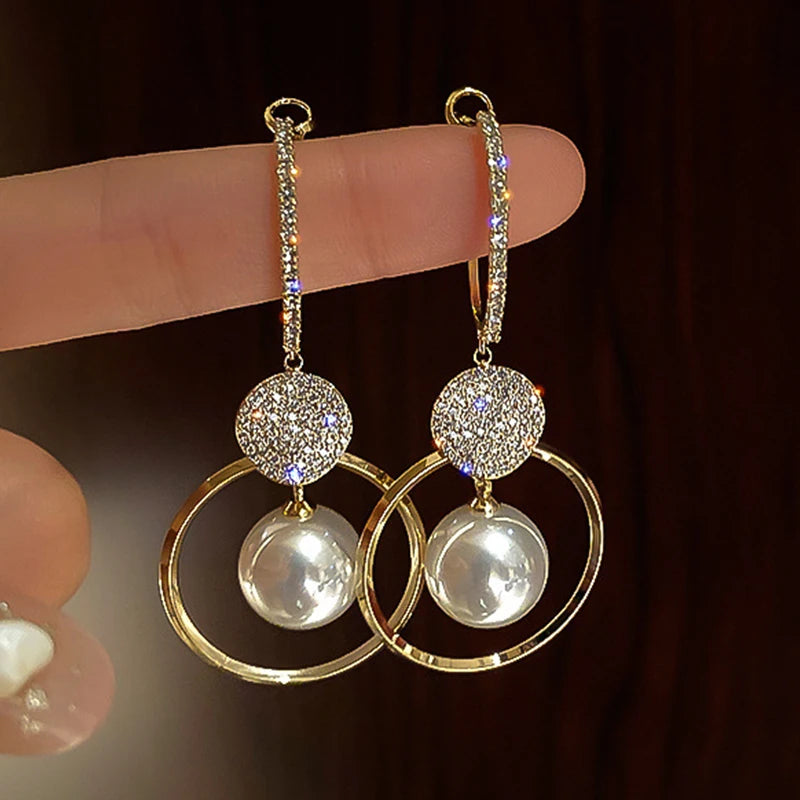 Imitation Pearl Drop Earrings Long Tassel — Crystal | KIMLUD