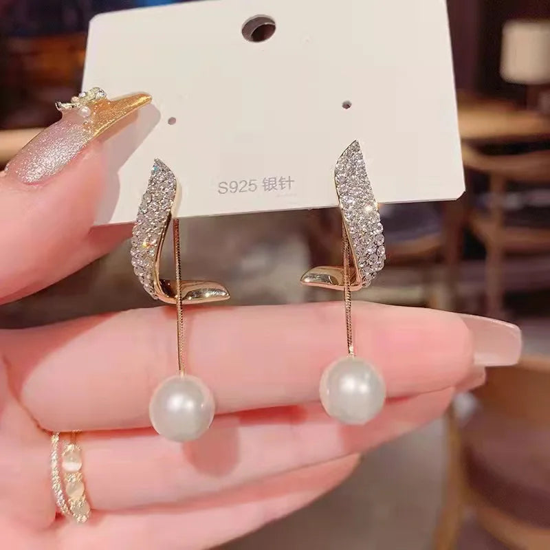 Imitation Pearl Drop Earrings Long Tassel — Crystal | KIMLUD