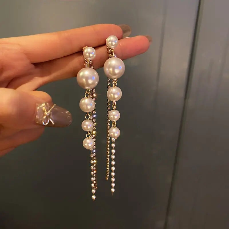 Imitation Pearl Drop Earrings Long Tassel — Crystal | KIMLUD