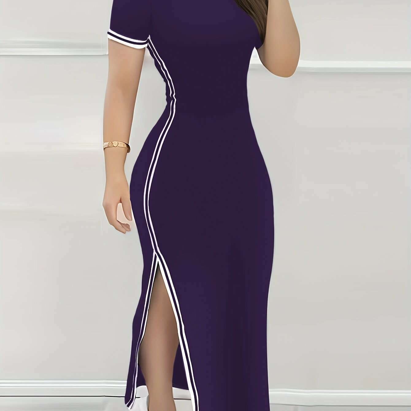 contrast-trim-split-hem-bodycon-dress-elegant-crew-neck-short-sleeve-dress-for-spring-summer-womens-clothingkimlud-womens-fashion-34625810