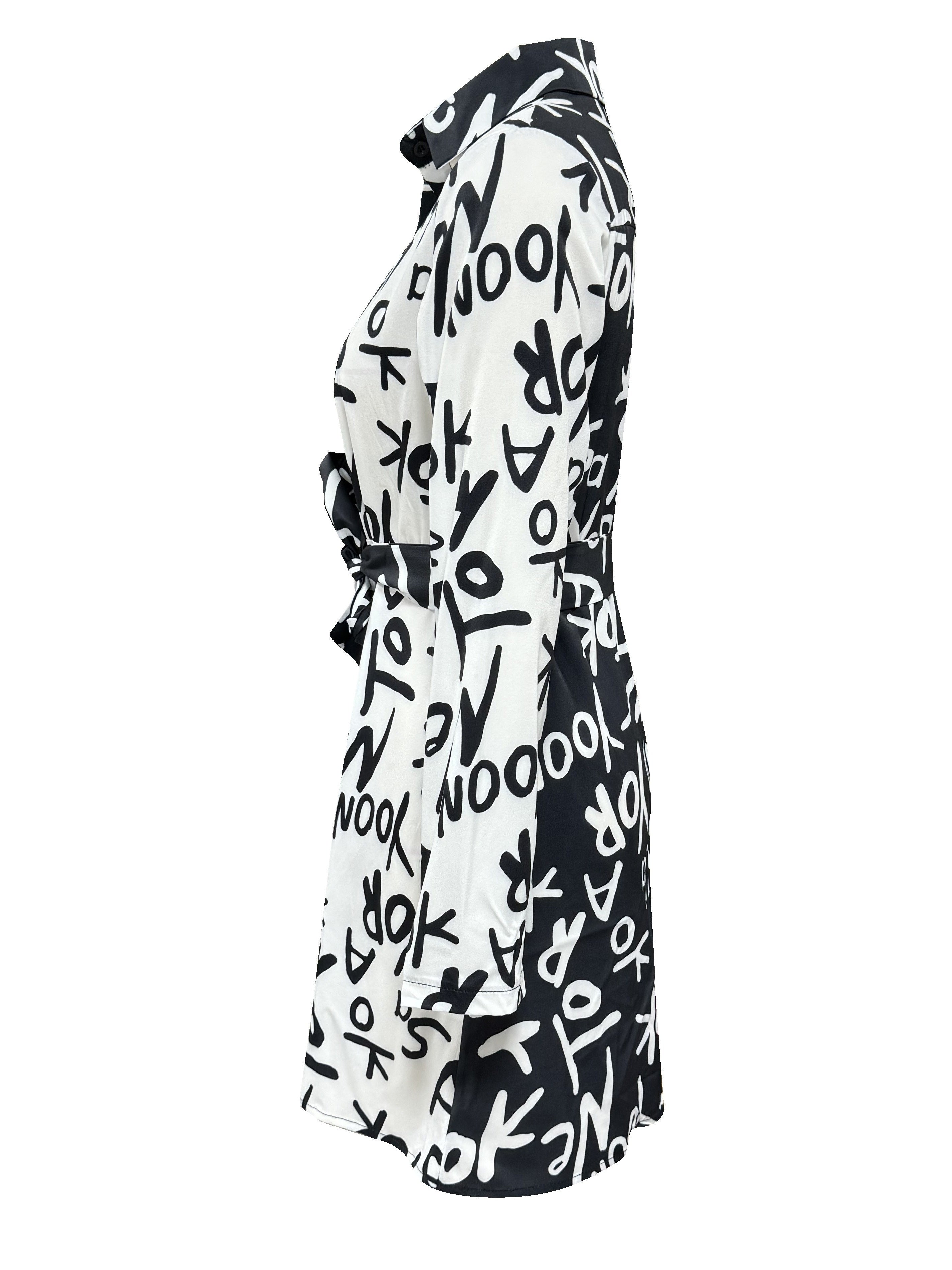 Fashionable Letter Print Dress with Belted Waist - Long Sleeve Button-Up Shirt Dress for Casual Style