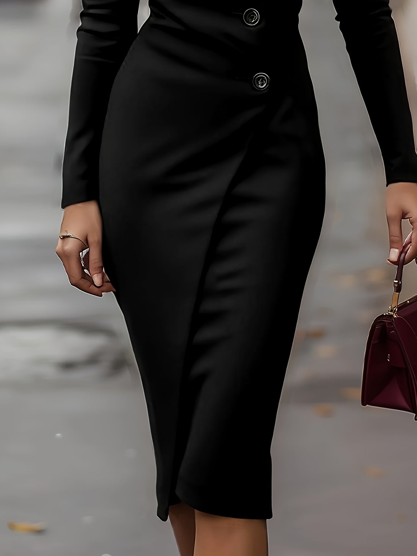 Women'S Elegant V-Neck Long Sleeve Bodycon Dress - Chic Asymmetrical Hem, Solid Color, Perfect for Spring/Fall, Casual to Formal Wear, Casual Attire|Vneck Dress|Asymmetrical Hemline