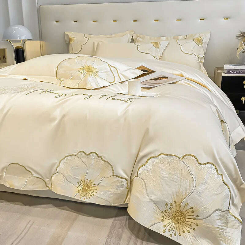 KIMLUD, ABAY Bedding set Egyptian cotton Floral embroidery Quilt cover Soft Duvet Cover 200*230 220*240 Elastic bed sheet 180*200cm, KIMLUD Womens Clothes