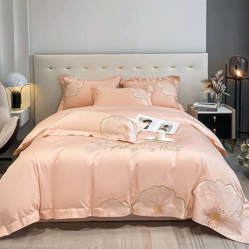 KIMLUD, ABAY Bedding set Egyptian cotton Floral embroidery Quilt cover Soft Duvet Cover 200*230 220*240 Elastic bed sheet 180*200cm, 2 / Queen 4pcs, KIMLUD Womens Clothes