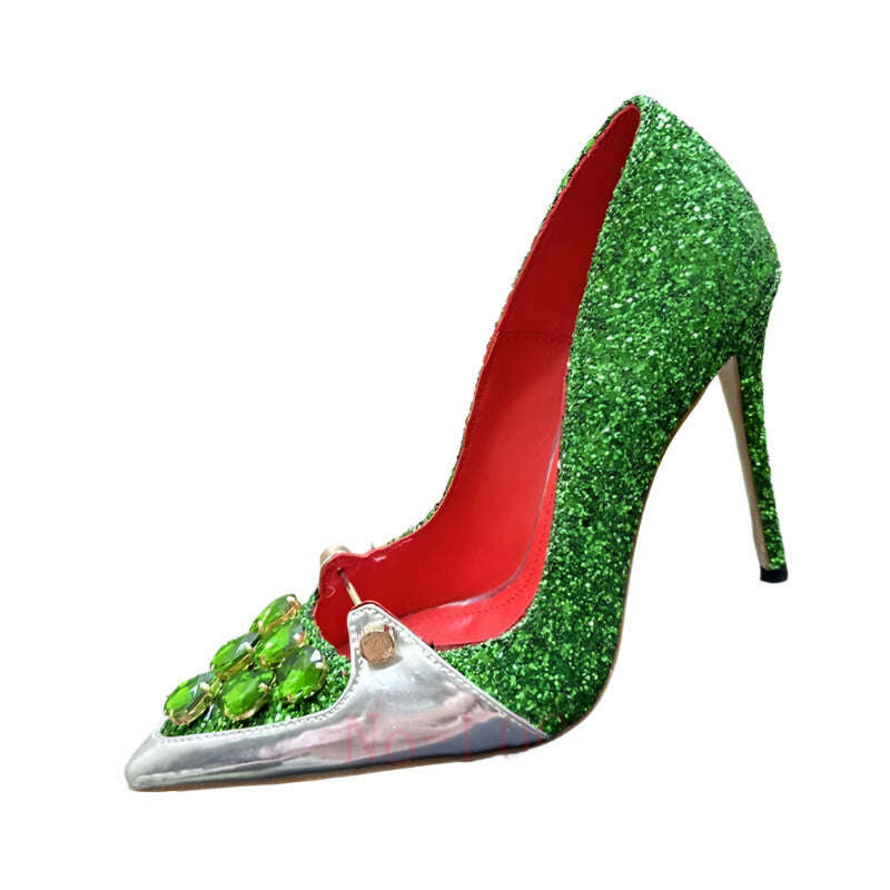 KIMLUD, ABENGYA Pointed Toe Thin High Heel Shoes Women Gemstone Border Stiletto Pumps Female Summer Luxury Sexy Bride Dress Shoes Woman, green / 35, KIMLUD APPAREL - Womens Clothes
