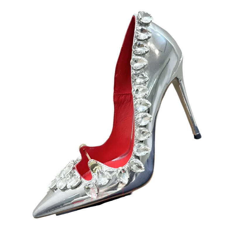 KIMLUD, ABENGYA Pointed Toe Thin High Heel Shoes Women Gemstone Border Stiletto Pumps Female Summer Luxury Sexy Bride Dress Shoes Woman, silver / 35, KIMLUD APPAREL - Womens Clothes