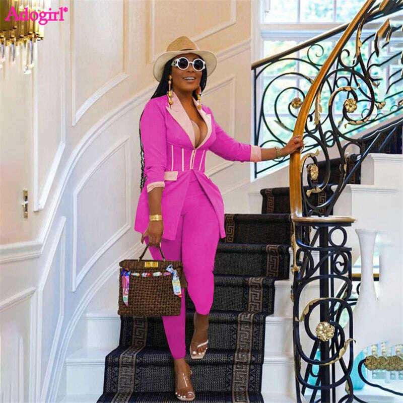 KIMLUD, Adogirl Color Patchwork 2 Piece Sets Women Blazer Suits Elegant Slim Long Sleeve Corset Jacket Pencil Pants Office Lady Outfits, KIMLUD Womens Clothes