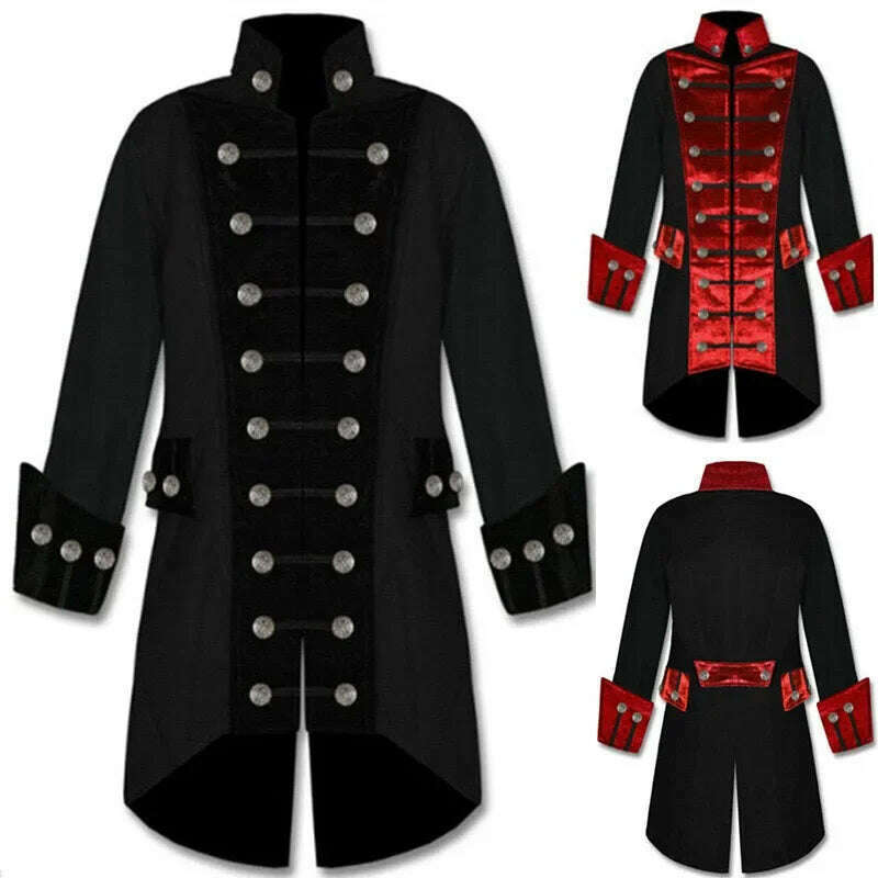 KIMLUD, Adult men handmade steampunk pirate vampire costume vintage black red gothic jacket uniform short trench coat for men plus size, KIMLUD Womens Clothes
