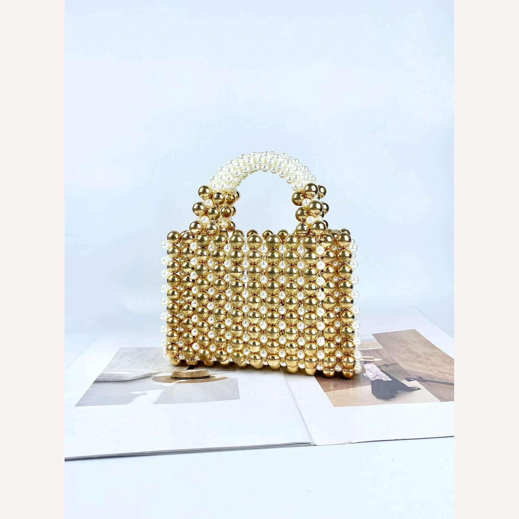 Advanced mobile phone bag with gold round beads, acrylic handheld beaded handmade women's bag, fashionable casual dinner bag - KIMLUD