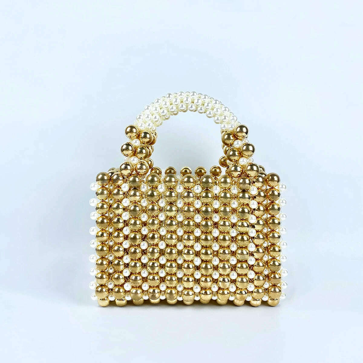 Advanced mobile phone bag with gold round beads, acrylic handheld beaded handmade women's bag, fashionable casual dinner bag - KIMLUD