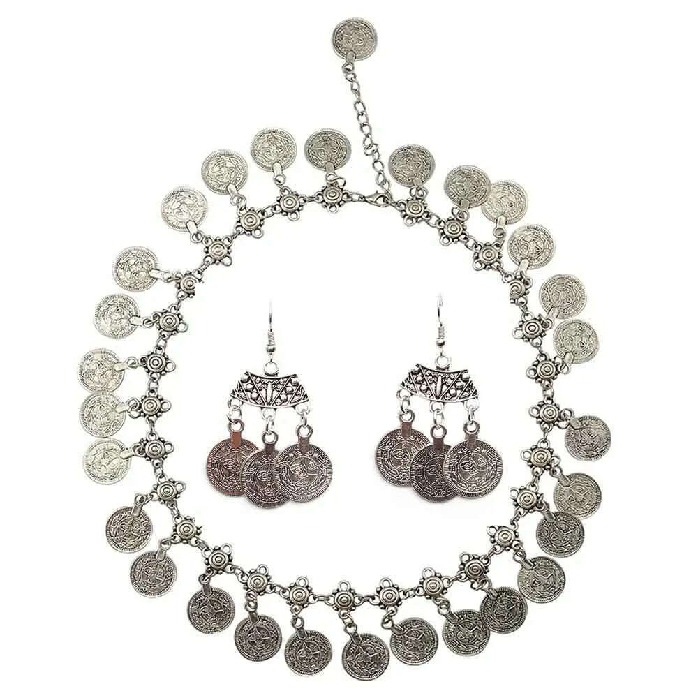 KIMLUD, Afghan Vintage Silver Color Metal Coin Necklaces Earrings Sets for Women Boho Turkish Choker Coin Necklaces Female Jewelry Sets, KIMLUD Womens Clothes