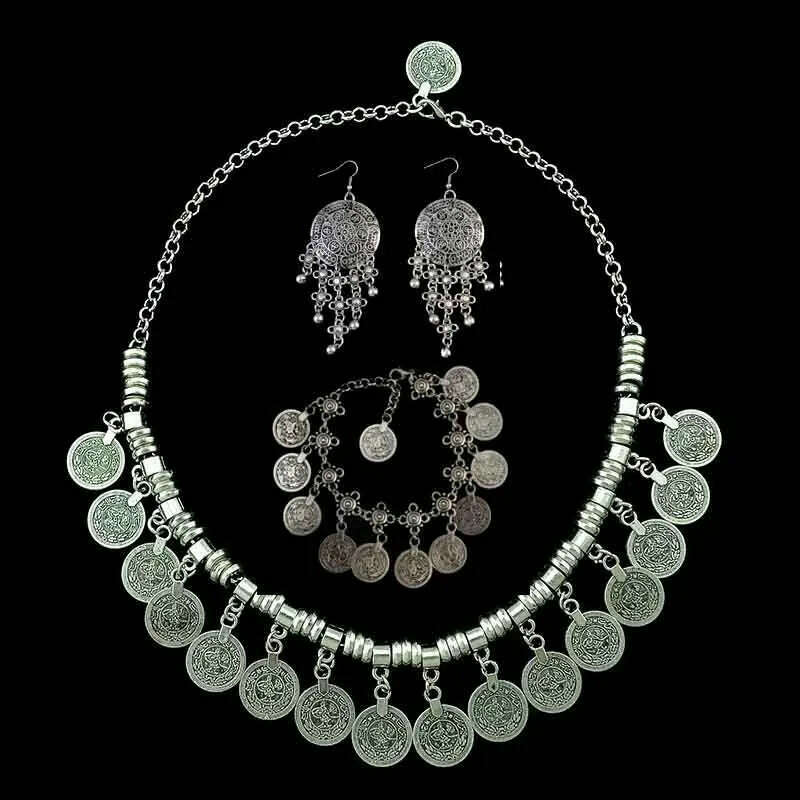 Afghan Vintage Silver Color Metal Coin Tassel Statement Collar Necklaces Bracelets Earrings Sets for Women Boho Tribal Party - KIMLUD