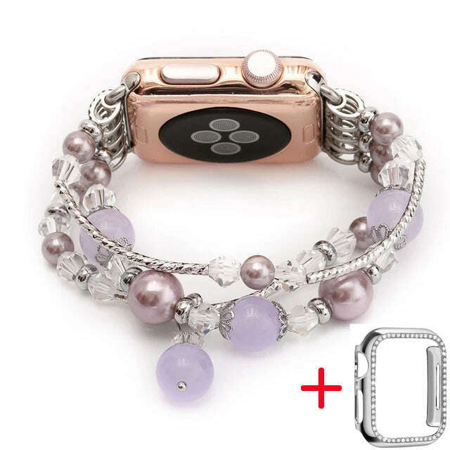 KIMLUD, Agate pearl strap for Apple Watch 5 4 3 series 44mm / 40mm iwatch 6 SE series 42mm 38mm fashion style luxury flexible bracelet, 03 Silver crystal / 44mm, KIMLUD Womens Clothes