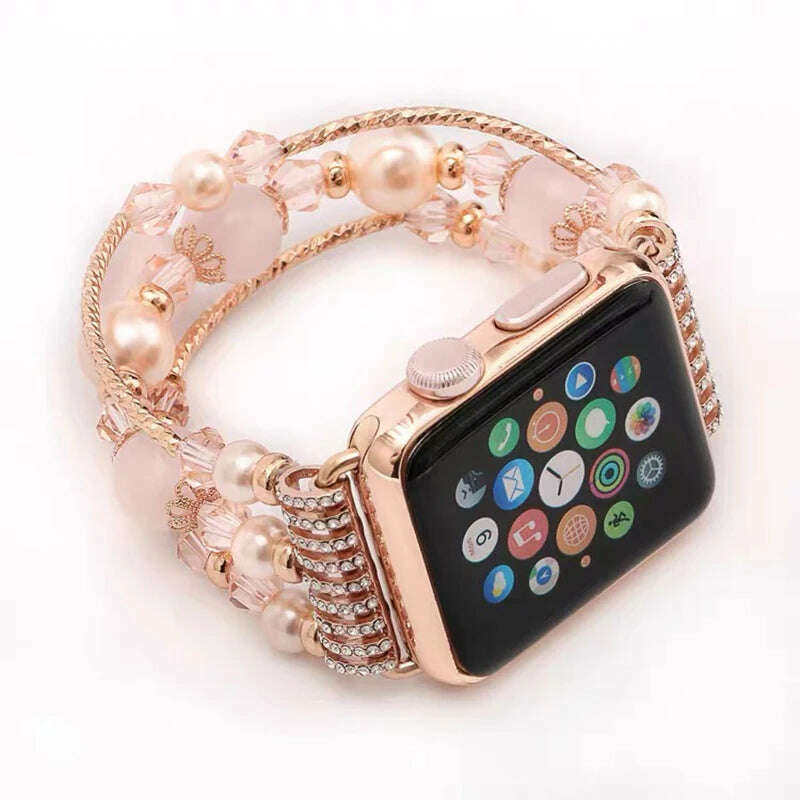 KIMLUD, Agate pearl strap for Apple Watch 5 4 3 series 44mm / 40mm iwatch 6 SE series 42mm 38mm fashion style luxury flexible bracelet, 01 Pink Crystal / 44mm, KIMLUD Womens Clothes
