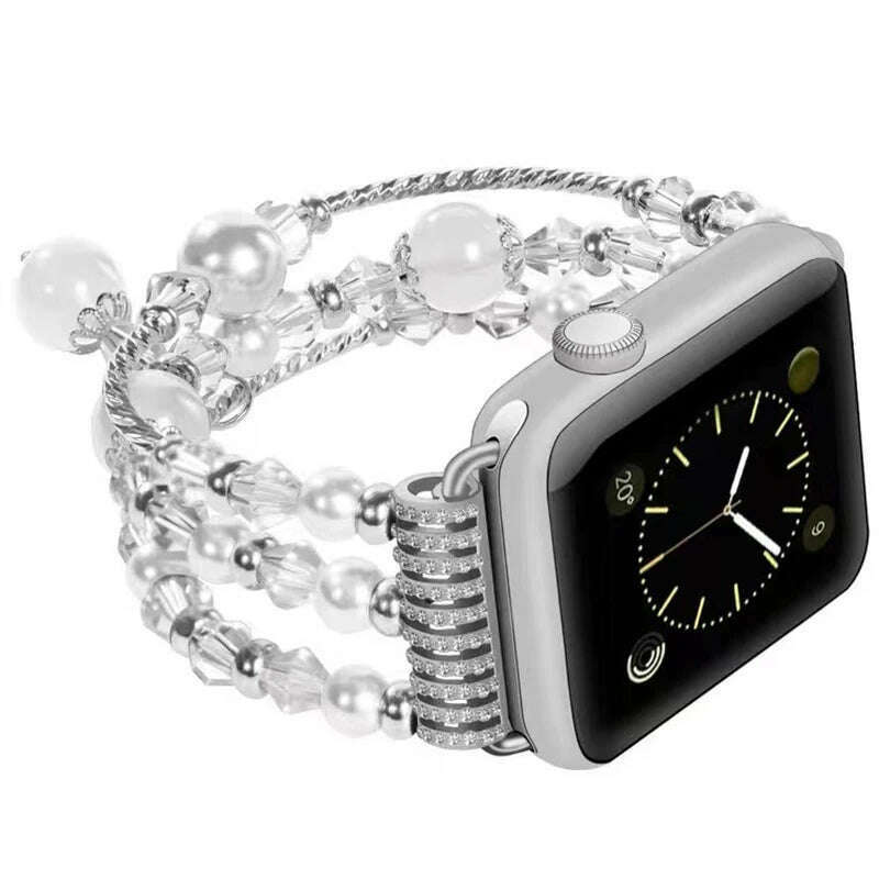 KIMLUD, Agate pearl strap for Apple Watch 5 4 3 series 44mm / 40mm iwatch 6 SE series 42mm 38mm fashion style luxury flexible bracelet, 01 White crystal / 44mm, KIMLUD Womens Clothes