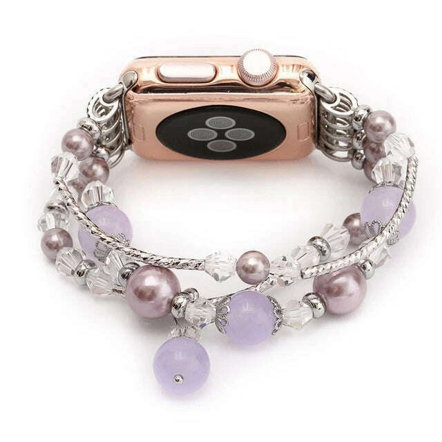 KIMLUD, Agate pearl strap for Apple Watch 5 4 3 series 44mm / 40mm iwatch 6 SE series 42mm 38mm fashion style luxury flexible bracelet, 01 Silver crystal / 44mm, KIMLUD Womens Clothes