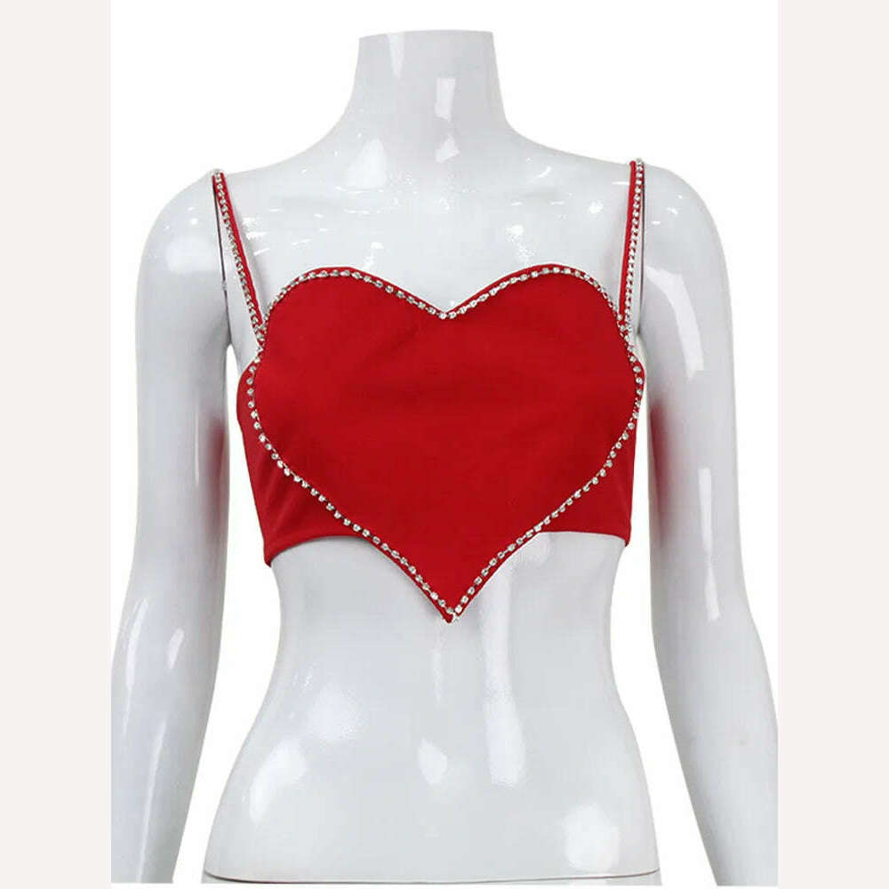 KIMLUD, Ahagaga Fashion Heart Diamond Sexy Camis Women Tops Regular Casual Solid Red Sleeveless Slim Short Strap Cute Streetwear Tops, KIMLUD Womens Clothes