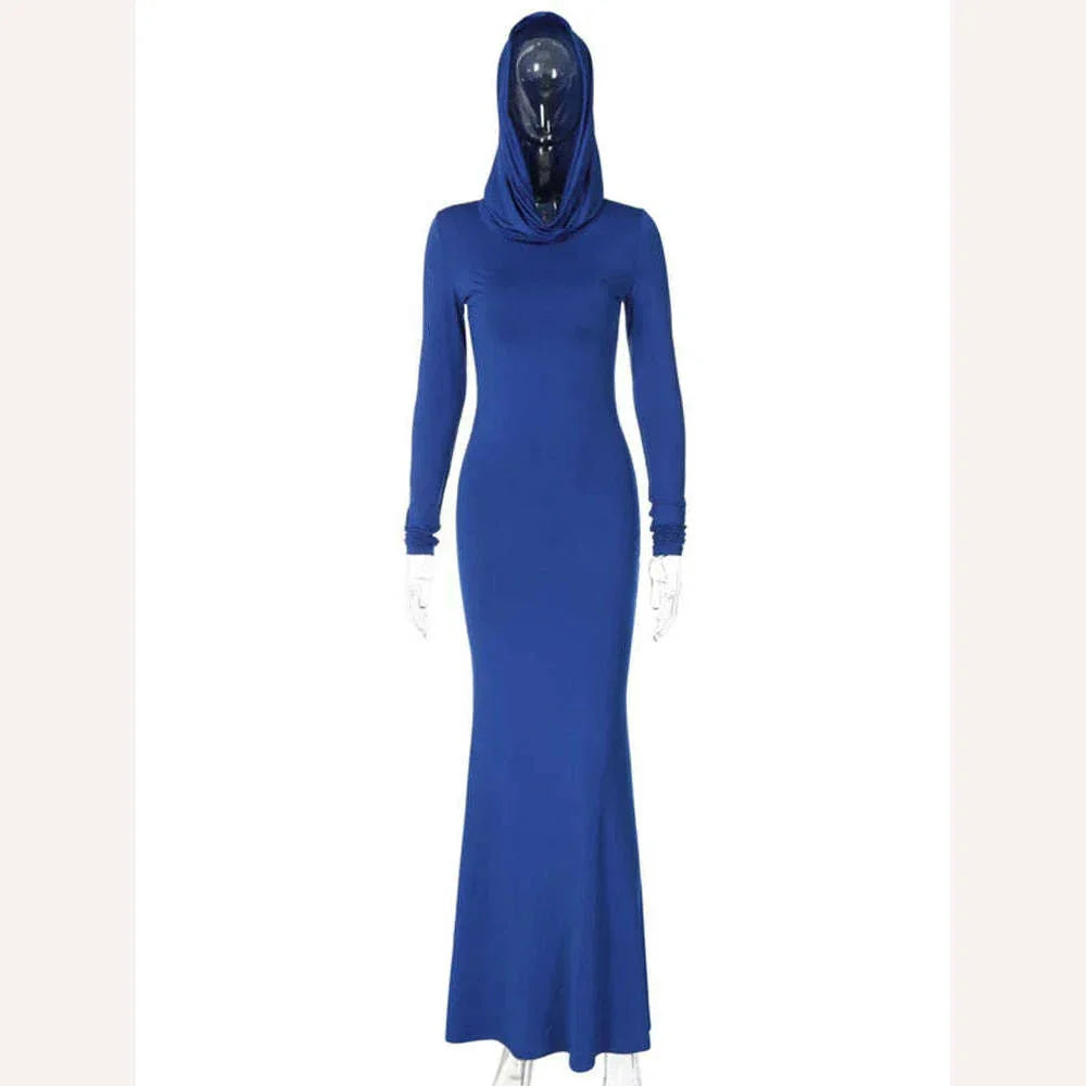 KIMLUD, Ahagaga Fashion Solid Hooded Maxi Dresses Women Elegant Casual Long Sleeve Slim Bodycon Party Vestidos Robes Streetwear, KIMLUD Womens Clothes