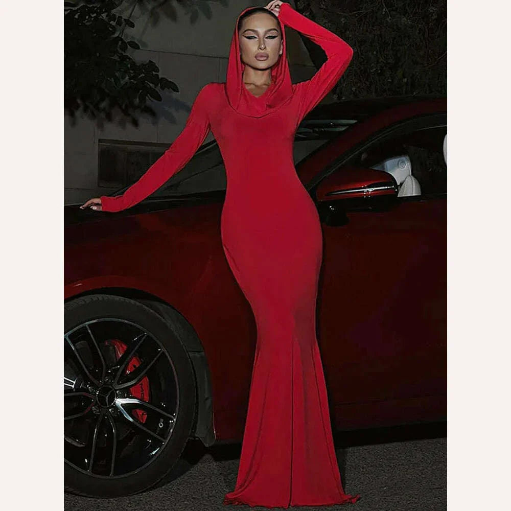 KIMLUD, Ahagaga Fashion Solid Hooded Maxi Dresses Women Elegant Casual Long Sleeve Slim Bodycon Party Vestidos Robes Streetwear, KIMLUD Womens Clothes