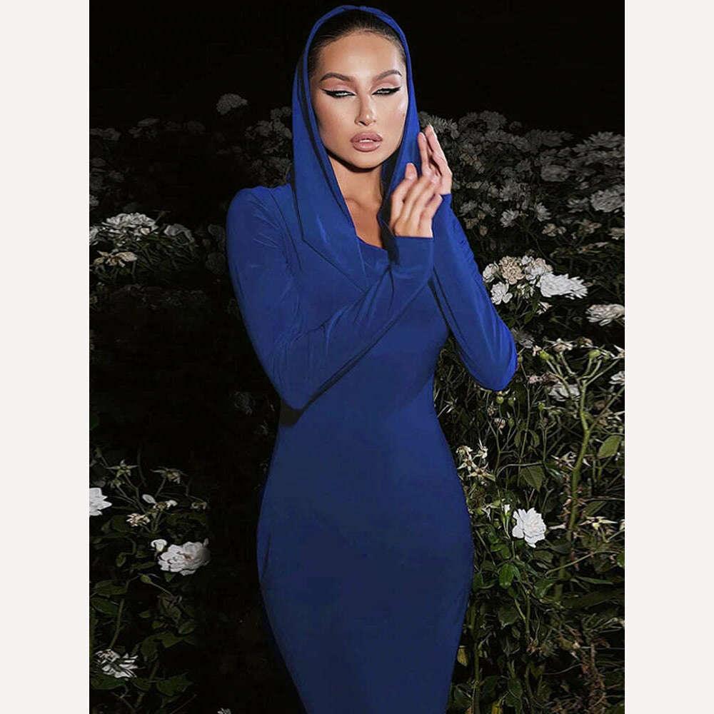 KIMLUD, Ahagaga Fashion Solid Hooded Maxi Dresses Women Elegant Casual Long Sleeve Slim Bodycon Party Vestidos Robes Streetwear, KIMLUD Womens Clothes