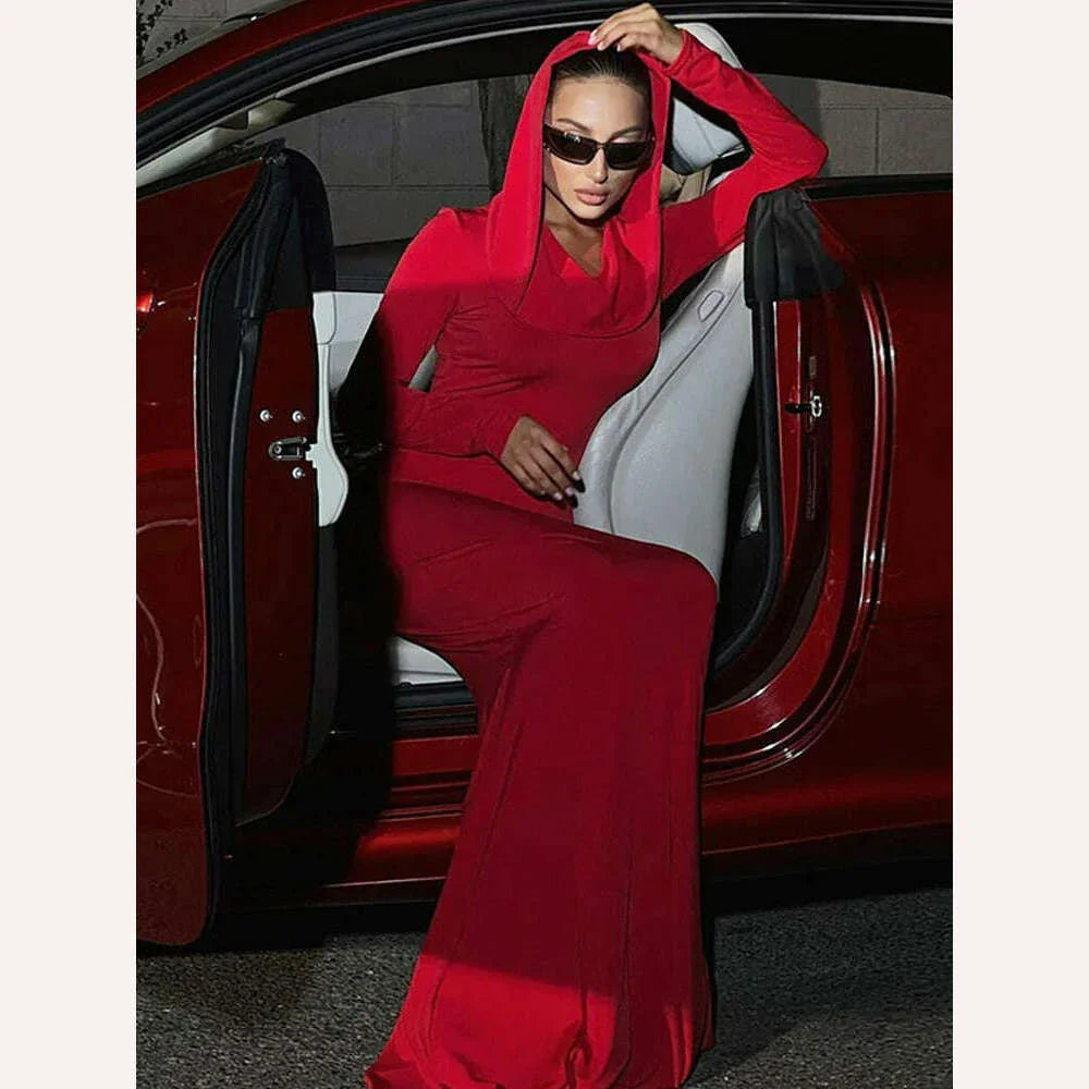 KIMLUD, Ahagaga Fashion Solid Hooded Maxi Dresses Women Elegant Casual Long Sleeve Slim Bodycon Party Vestidos Robes Streetwear, KIMLUD Womens Clothes