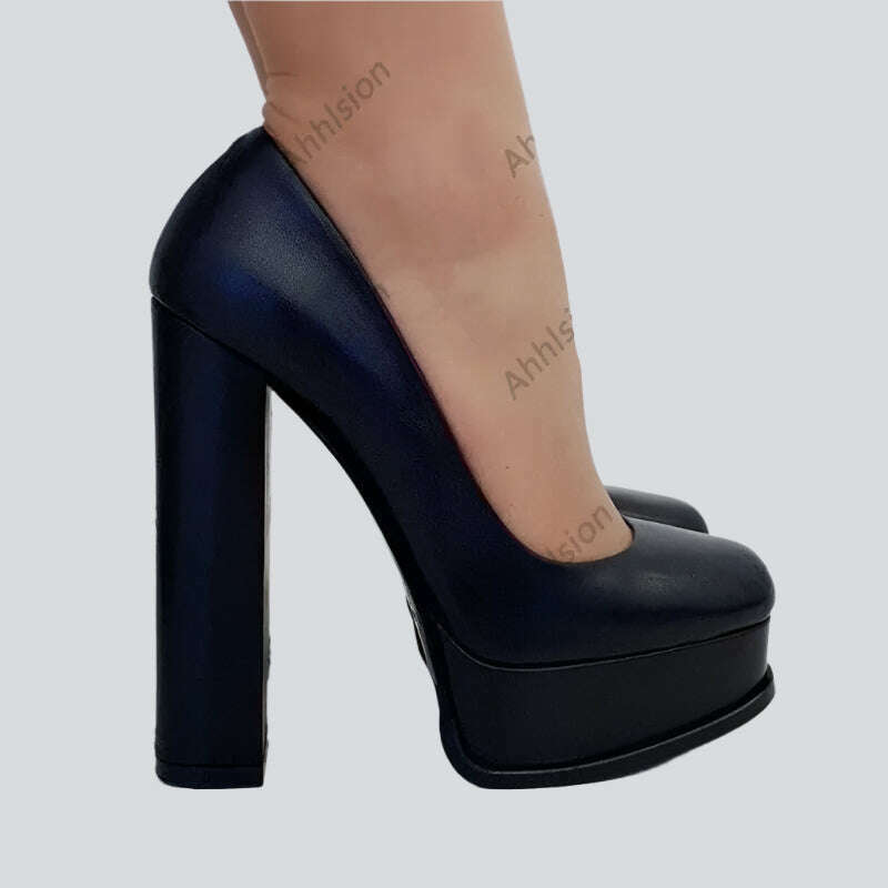 KIMLUD, Ahhlsion Women Spring Pumps Chunky High Heels Faux Leather Round Toe Slip On Pretty Black Party Shoes Ladies US Size 5-20, KIMLUD Womens Clothes