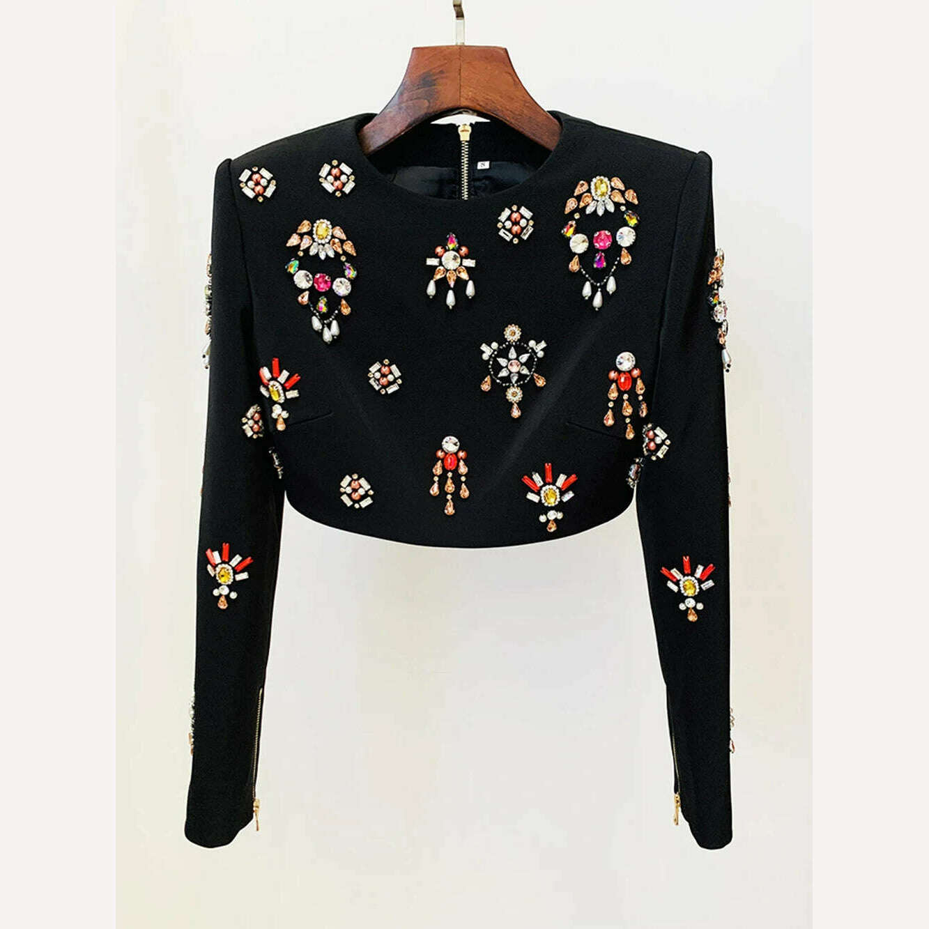 KIMLUD, Ailigou 2023 New Autumn Women's High Quality Fashion Sexy Luxury Colorful Diamond Bead Short Top+Dress Black Two Piece Set, KIMLUD Womens Clothes