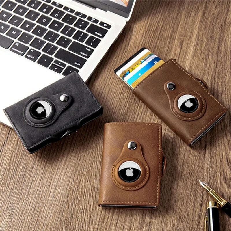 Airtag Men's Wallet New Metal Aluminum Box Case Rfid Anti-theft Swipe Credit Card Holder Genuine Leather Short Zipper Coin Purse - KIMLUD