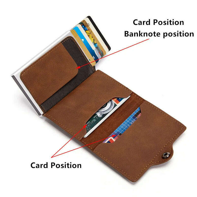 Airtag Men's Wallet New Metal Aluminum Box Case Rfid Anti-theft Swipe Credit Card Holder Genuine Leather Short Zipper Coin Purse - KIMLUD