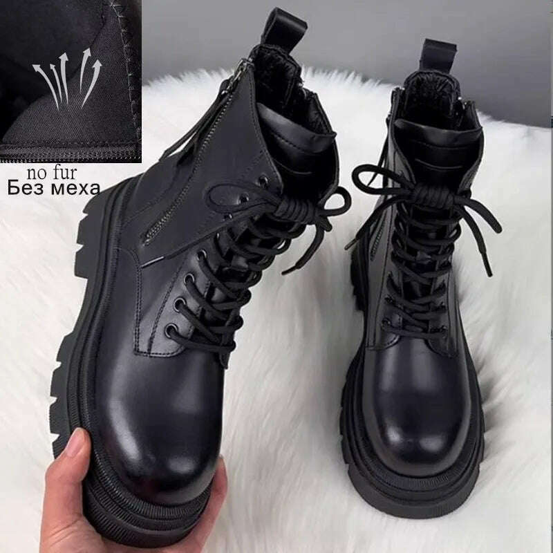 KIMLUD, AIYUQI Marton Boots Female Genuine Leather Fall Winter 2023 New Fur Warm Women's Biker Boots Platform Women's Ankle Boots, black no fur / 35, KIMLUD Womens Clothes