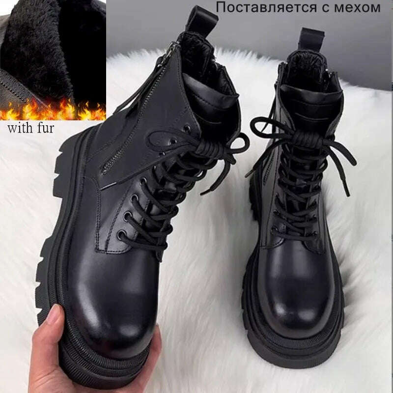 KIMLUD, AIYUQI Marton Boots Female Genuine Leather Fall Winter 2023 New Fur Warm Women's Biker Boots Platform Women's Ankle Boots, black fur / 35, KIMLUD Womens Clothes