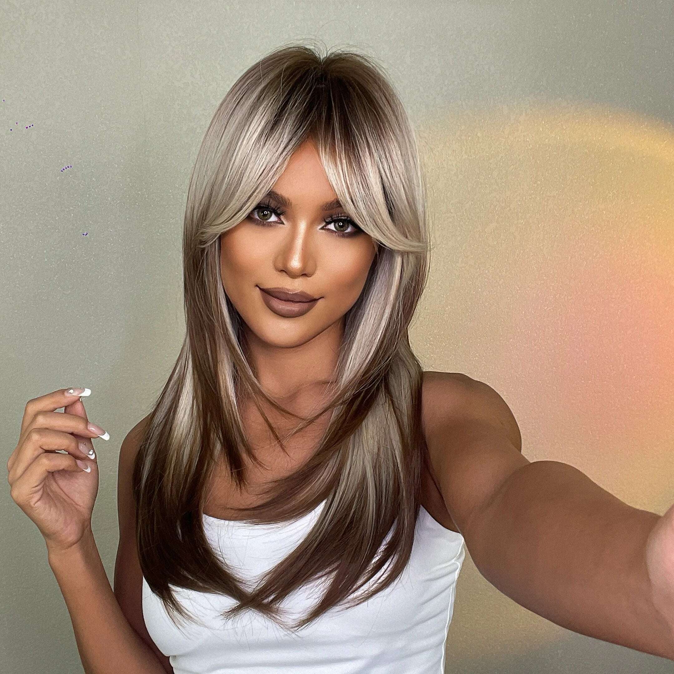 ALAN EATON Blonde Layered Synthetic Wigs for Women Long Straight Brown Highlights Wigs with Bangs Balayage Hair Heat Resistant - KIMLUD