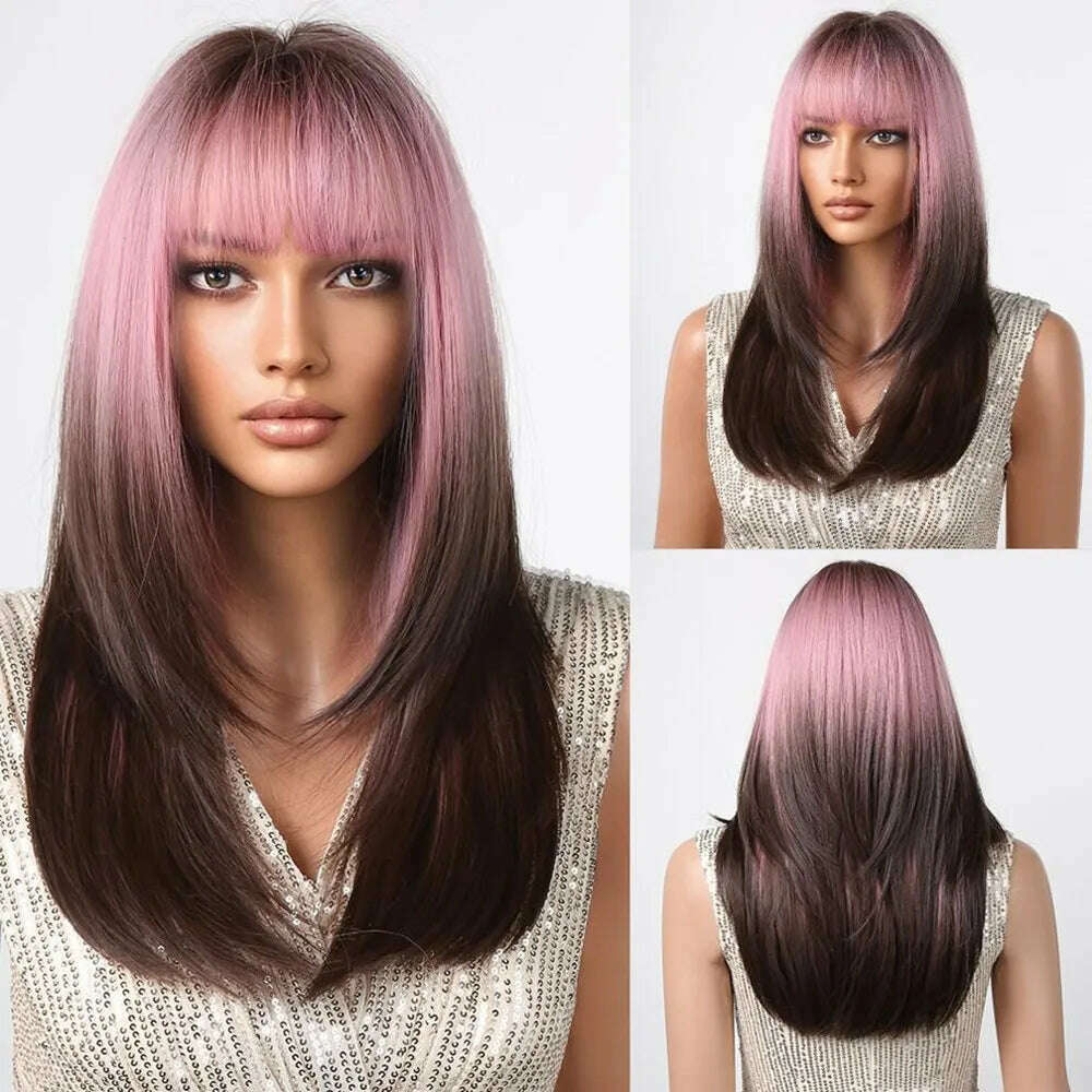 KIMLUD, ALAN EATON Blonde to Brown Layered Wigs with Bangs Long Straight Synthetic Wig Heat Resistant Fiber Ombre Wigs for Daily Party, LC2107-1 / CHINA, KIMLUD Womens Clothes